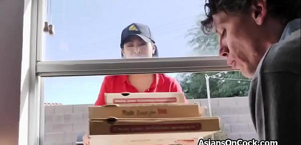 Tag teaming Asian pizza delivery chick for a tip